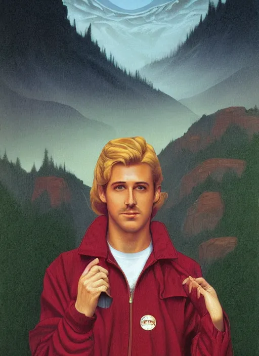 Prompt: twin peaks poster art, by michael whelan, rossetti bouguereau, artgerm, retro, nostalgic, old fashioned, 1 9 8 0 s teen horror novel cover, book, ryan gosling in letterman jacket small town being hunted