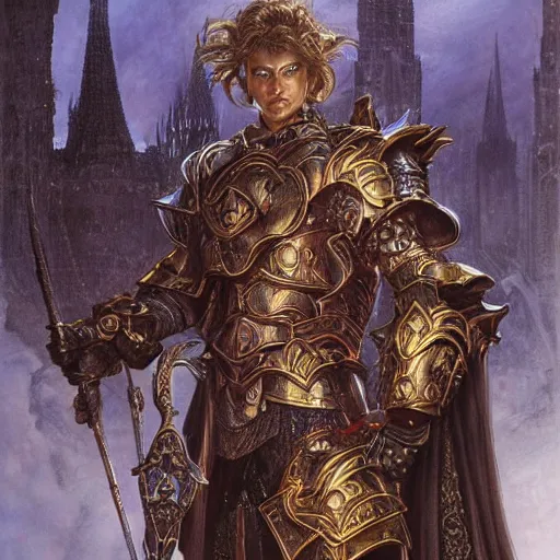 Image similar to Fantasy style portrait of a male paladin, castle setting, intricate, elegant, highly detailed, matte, sharp focus, illustration, art by Donato Giancola and Bayard Wu, gustav moreau, goward, wayne barlowe