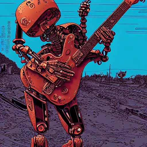 Image similar to illustration of a death robot playing guitar in a ruined street by kilian eng, katsuhiro otomo and jean giraud moebius, biomechanical