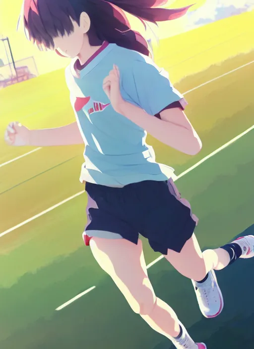 Image similar to portrait of high school runner girl, sunny sky background stadium landscape illustration concept art anime key visual trending pixiv fanbox by wlop and greg rutkowski and makoto shinkai and studio ghibli and kyoto animation short down hair sports clothing marathon race running shoes sponsors nike shirt