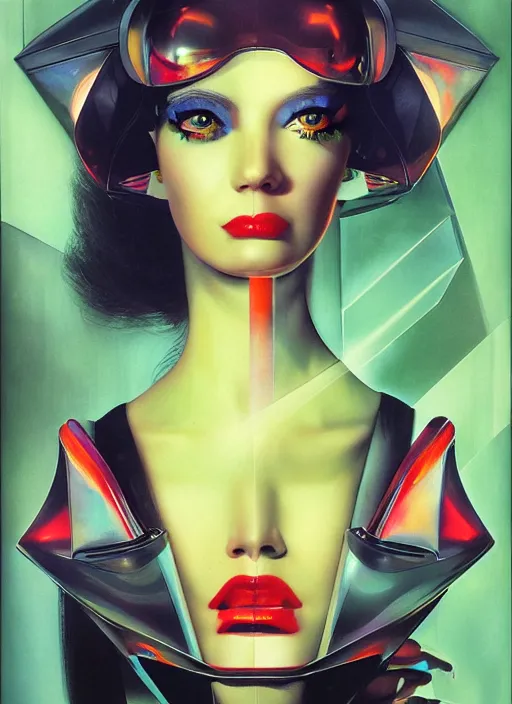 Image similar to futuristic lasers, data visualization, cyberpunk visor girl pinup, by steven meisel, james jean and rolf armstrong, geometric cubist acrylic and hyperrealism photorealistic airbrush painting with retro and neon colors