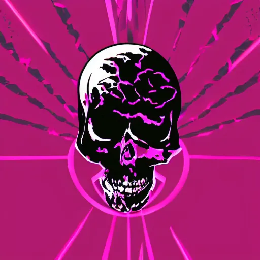 Image similar to white skull hovering over a pink ocean witha a purple sky, synthwave vaporwave