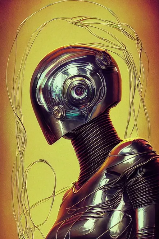 Image similar to retro-futuristic portrait of a beautiful damaged female android in dusty chrome armour with wires hanging, ornate background, light from below, ornate pattern, glowing eyes, evil expression, high details, intricate details, renaissance painting by vincent di fate, artgerm julie bell beeple, 80s, Smooth gradients, High contrast, depth of field, very coherent symmetrical artwork