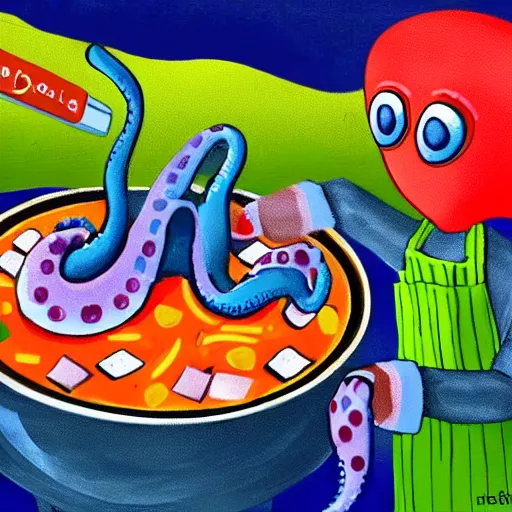 Prompt: anthropomorphic octopus chef cooking a delicious colorful soup, digital painting, youtube video thumbnail