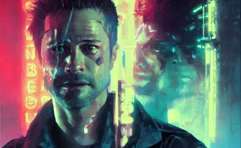 Prompt: portrait of Tyler Durden in cyberpunk, neon lighting, night city, digital art from artstation by Ruan Jia and Mandy Jurgens and Artgerm and william-adolphe bouguereau and Greg Rutkowski and Wayne Barlowe