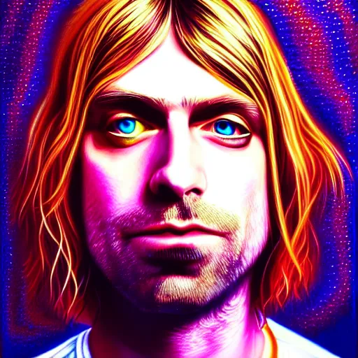 Image similar to An extremely psychedelic portrait of Kurt Cobain, surreal, LSD, face, detailed, intricate, elegant, lithe, highly detailed, digital painting, artstation, concept art, smooth, sharp focus, illustration