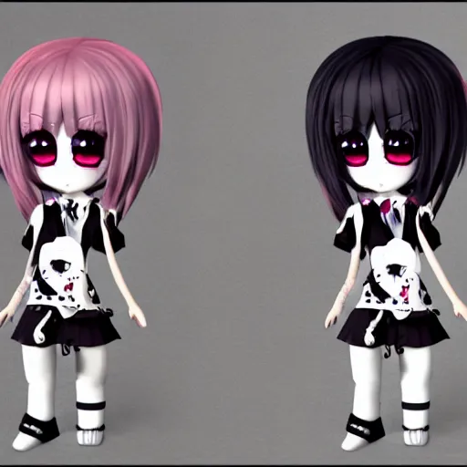 Image similar to anime nendodroid of a chibi girl gothiclolita style, 3 d render