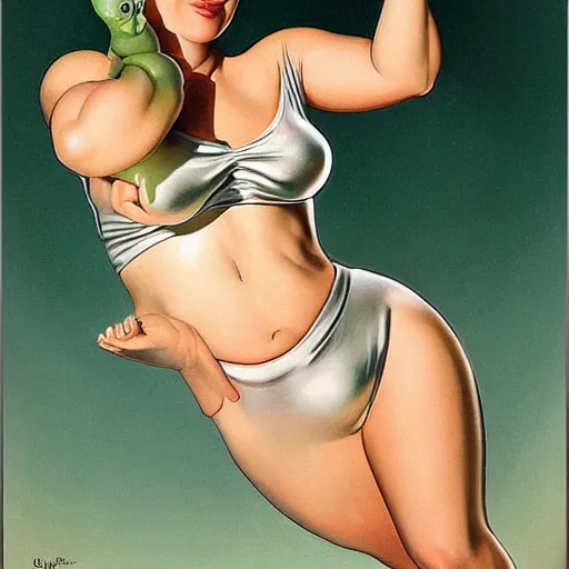 Image similar to beautiful Whitley Streiber Roswell grey alien extraterrestrial species female babe in a tight fitting silver metallic bikini spacesuit, , big pear-shaped head, green skinned, big black almond shaped alien eyes by Mort Kunstler and Gil Elvgren