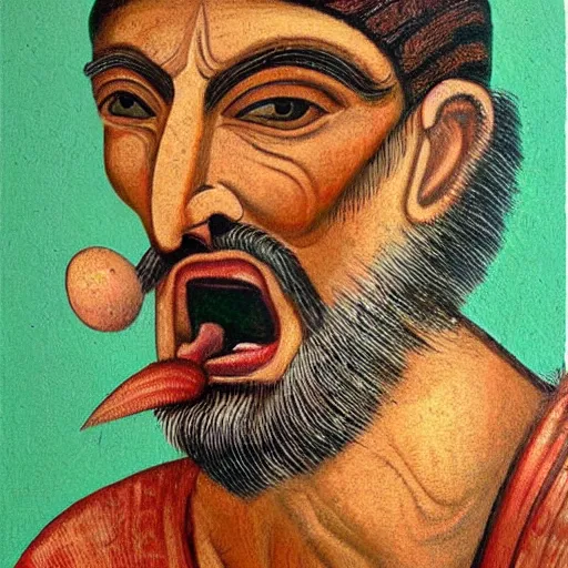 Image similar to portrait of ancient greek man yawning with big eyes and sharp nose. fine detail. artistic painting by lurid