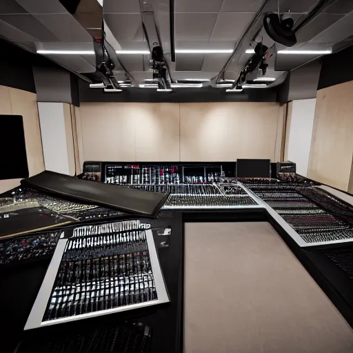 Image similar to Sharp photo of a mixing and mastering engineering studio. Expensive Genelec mastering loudspeakers, a large mixing desk. Emmy Award-winning mixing engineer studio. Cinematic dark lighting, dusty Atmosphere, award-winning photography, 35 mm f/2.8 photography. Sharp, 4k, anamorphic lens. Very, very detailed