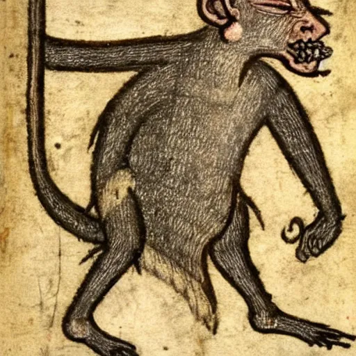 Prompt: medieval drawing of a war monkey