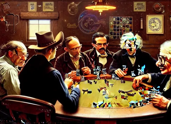 Prompt: in an old west saloon isaac newton and stephen hawking and albert einstein playing poker, intricate, highly detailed, centered, digital painting, artstation, concept art, smooth, illustration, muted colors, art by norman rockwell and greg rutkowski and james gurney chuck close