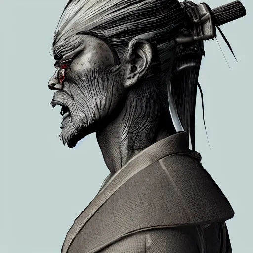 Prompt: a profile picture of powerful japanese samurai zombie, detailed face, face symmetry, fanart artstation global illumination rtx hdr fanart arstation 3 d, character concept portrait by moebius and laurie greasley, profile picture, 8 k, cinematic color grading