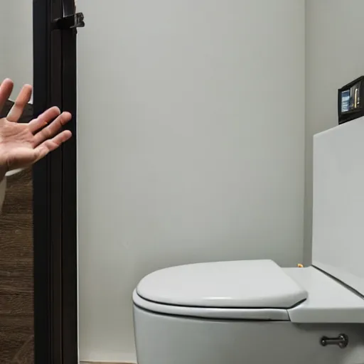 Prompt: looking out of a toilet at a man waving goodbye, photo