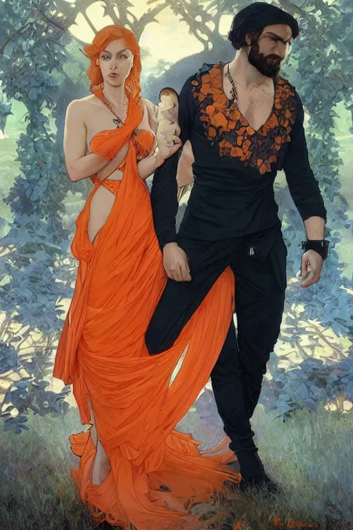 Image similar to bearded young man wearing orange t - shirt and tinfoil hat fastens zipper on beautiful black dress of his spouse before going to exquisite gala art by artgerm and greg rutkowski and charlie bowater and magali villeneuve and alphonse mucha