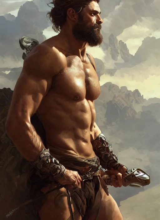 Image similar to Portrait of a rugged warrior, male, man, D&D, muscular, bare thighs, fantasy, intricate, elegant, highly detailed, digital painting, artstation, concept art, smooth, sharp focus, illustration, art by artgerm and greg rutkowski and alphonse mucha