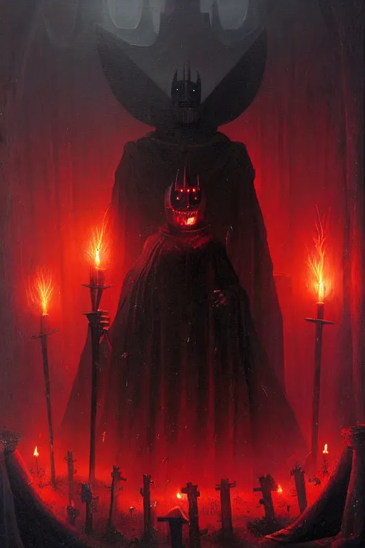 Prompt: hieronymus bosch, greg rutkowski, anna podedworna, painting of the black knight, glowing red evil lights, graveyard