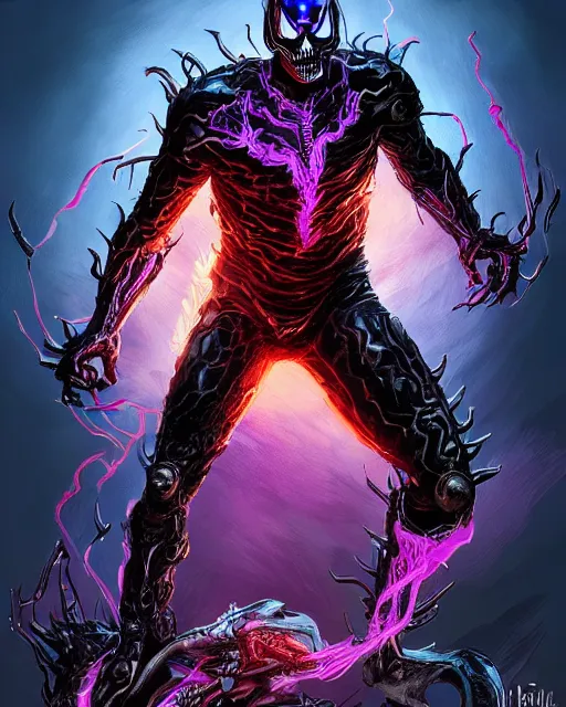 Image similar to ghost rider symbiote, purple and red variant, dynamic lighting, fantasy concept art, trending on art station, stunning visuals, creative, cinematic, ultra detailed, comic strip style