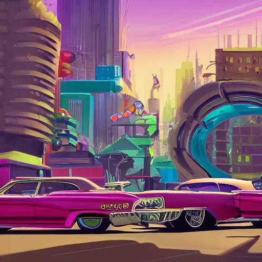 Prompt: swagger! lowrider culture, living large in the city by tyler edlin, new york 1 9 7 0, editorial, bold colors, detailed, bold colors, incredible lighting, great composition, artstation