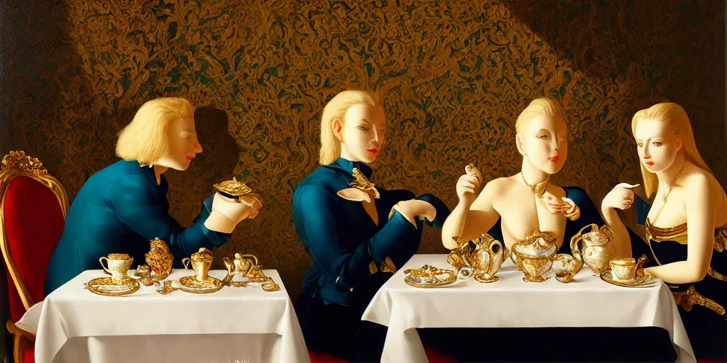 Image similar to a blonde and a mallard and a pig having tea at the ritz, abstract oil painting by gottfried helnwein pablo amaringo raqib shaw zeiss lens sharp focus high contrast chiaroscuro gold complex intricate bejeweled