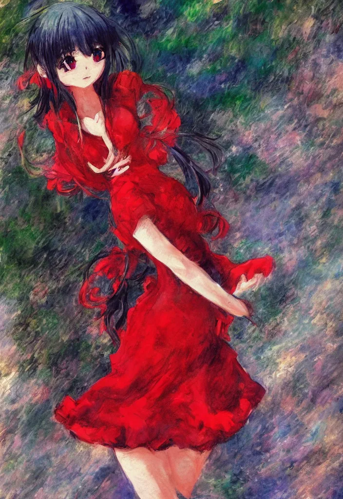 Image similar to medium shot portrait, a cute red outfit, tokyo anime scener, very anime in impressionist style, anime trending artwork, anime painter studio, by claude monet