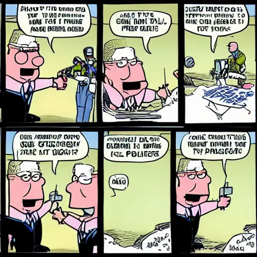 Prompt: 2 panel cartoon of dilbert having a standoff with the police, scott adams,