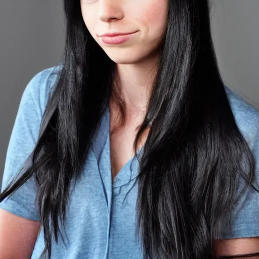 Image similar to a girl with long black hair and a side part, her face is a mix between aubrey plaza, krysten ritter, lucy hale, christina ricci and sarah hyland