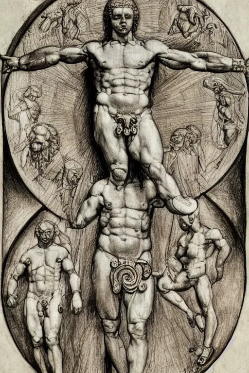 Prompt: hyper realistic drawing of the god apollo, a manuscript in the style of the vitruvian man, stylized sun, drawing by leonardo davinci, hr giger, manuscript, bussiere, extremely detailed, intricate border, horror mood, sinister mood