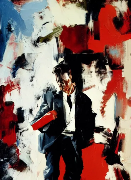 Image similar to patrick bateman, painting by phil hale, fransico goya,'action lines '!!!, graphic style, visible brushstrokes, motion blur, blurry, visible paint texture, crisp hd image