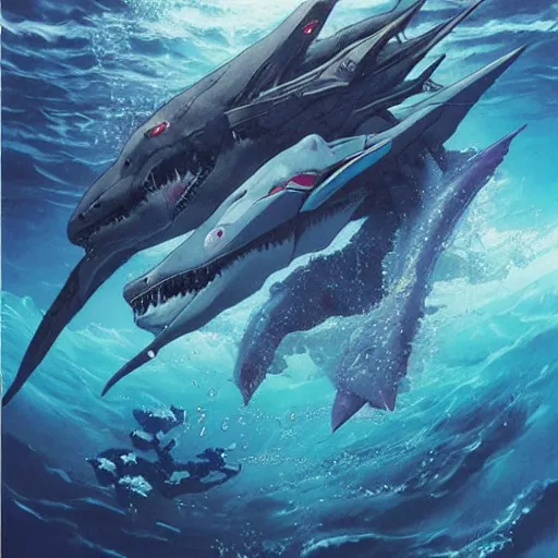 Prompt: aquatic gundam with a shark face, amphibious mobile suit by wayne barlowe, pascal blanche, victo ngai