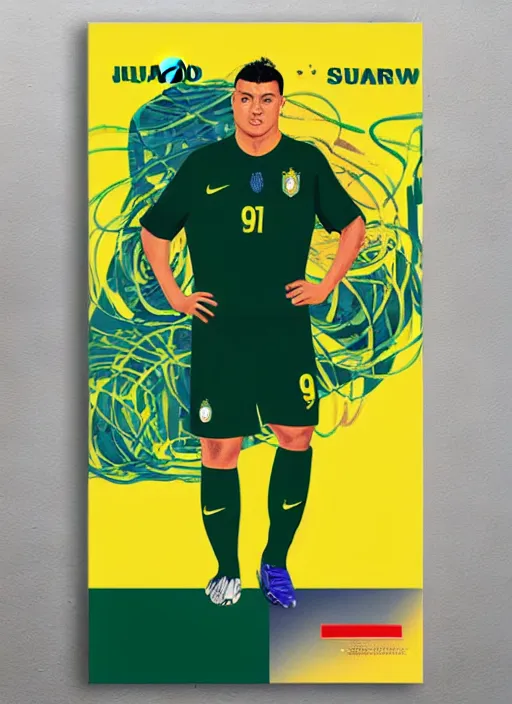 Prompt: og ronaldo nazario r 9 short haircut wearing number nine 2 0 0 2 world cup brazil goal, poster art jason shawn alphonse mucha james jean liam brazier victo ngai tristan eaton, yellow and green