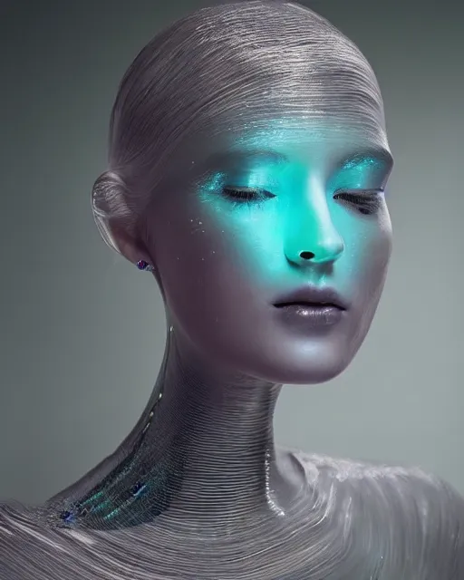 Image similar to soft focus portrait of an android with soft synthetic skin, bioluminescent plastics, smooth shiny metal plates, elaborate head piece, piercings, skin textures, by annie liebovotz,