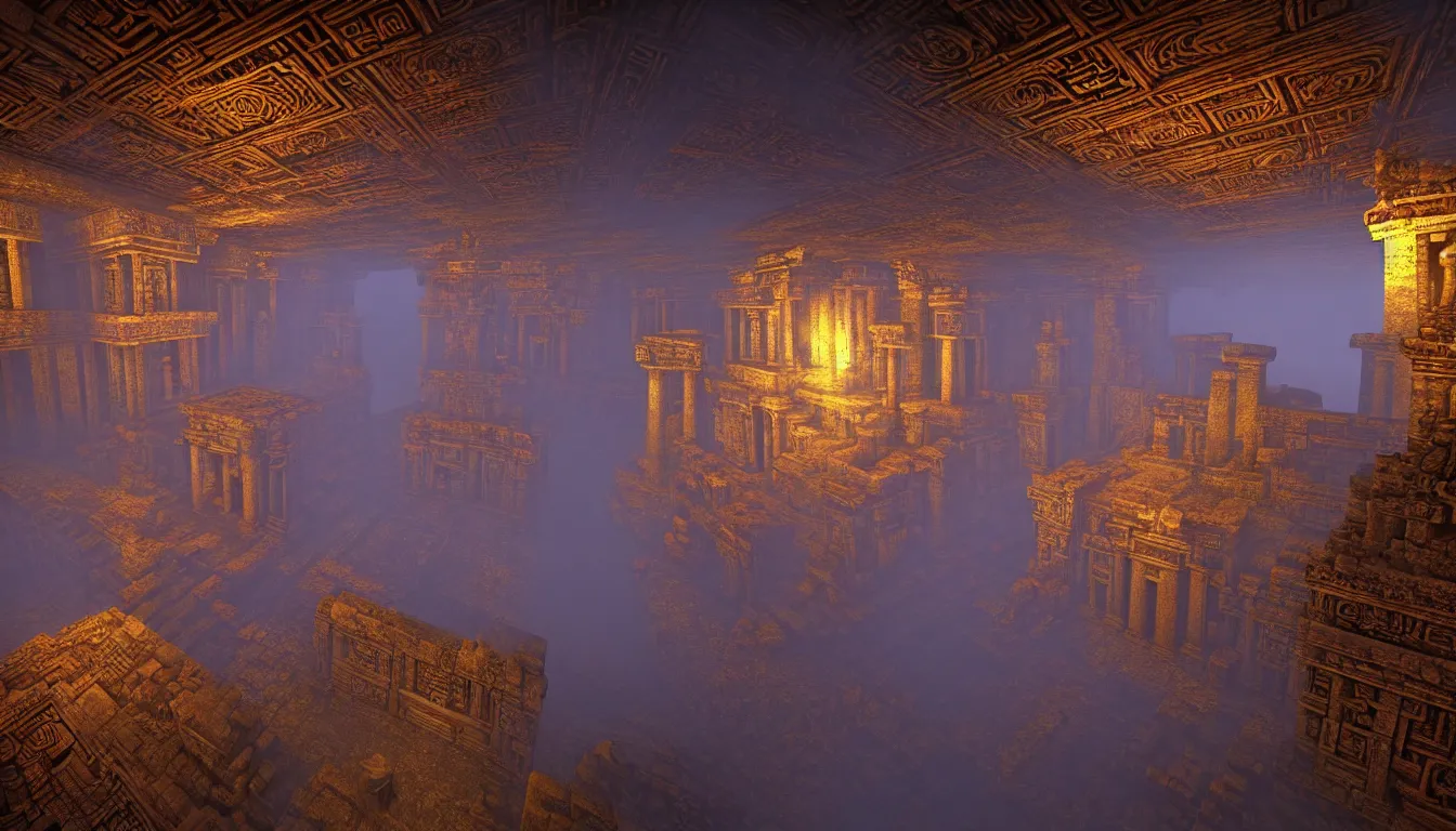 Image similar to majestic expansive ancient mayan temple halls , side-scrolling 2d platformer game level, glittering dust in the air illuminated by the dusk sun through the ceiling cracks, fantasy totem ruins with intricate mayan glyphs, volumetric light , detailed carved ornaments, rich color, upscale , 8k