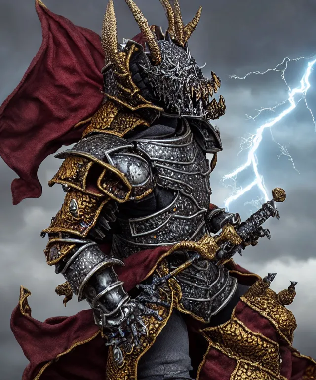 Image similar to hyperrealistic rendering, epic dark souls boss, ornate supreme demon overlord, jewel crown, war armor battle, by art of skinner and richard corben, product photography, collectible action figure, sofubi, hottoys, storm clouds, outside, lightning