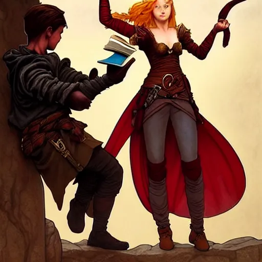 Image similar to an epic fantasy comic book style painting of a young red headed girl with a book in one arm meeting a young boy thief with blonde wearing plain brown leather thief clothes, d & d, fantasy, intricate, elegant, highly detailed, digital painting, artstation, concept art, matte, sharp focus, illustration, art by artgerm and greg rutkowski and alphonse mucha