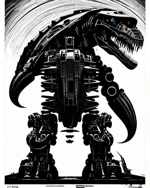 Prompt: a fierce mech cyborg t - rex dinosaur, transformer, high details, symmetry, bold line art, by vincent di fate and joe fenton, inking, etching, screen print, masterpiece, trending on artstation, sharp, high contrast, hyper - detailed,, hd, 4 k, 8 k