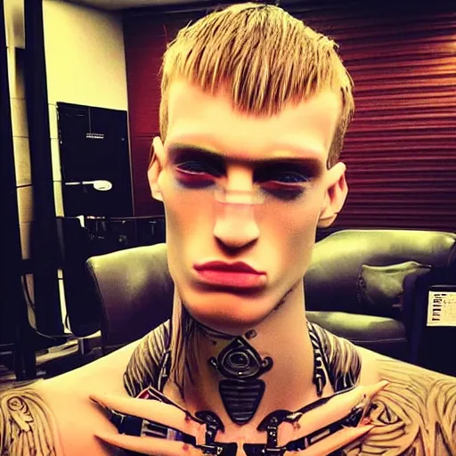 Image similar to “a realistic detailed photo of a guy who is an attractive humanoid who is half robot and half humanoid, who is a male android, rapper MGK, shiny skin, posing like a statue, blank stare”