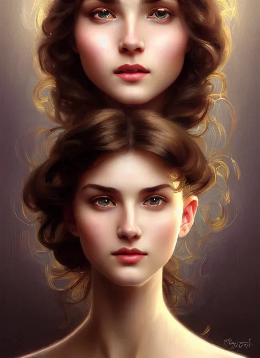 Prompt: beautiful ukrainian feminine face! portrait of young woman blessed by god with ever - increasing physical and mental perfection, beautiful hair, symmetrical! intricate, elegant, highly detailed, vision of holy perfection!! smile, digital painting, artstation, concept art, smooth, sharp focus, illustration, art by artgerm and greg rutkowski and alphonse mucha