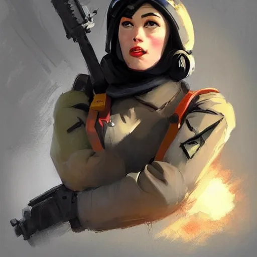 Image similar to portrait of beautiful muscilar girl with plump lips in team fortress 2 style, tragic, military art, concept art, fantasy, hd shot, digital portrait, beautiful, artstation, comic style, by artgerm, guy denning, jakub rozalski, magali villeneuve and charlie bowater