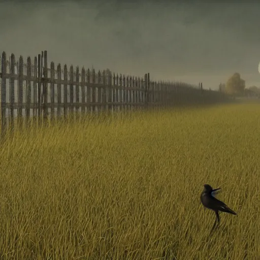 Image similar to an endless very tall fence, in a field, birds, dystopian, grim, dark, masterpiece oil painting, octane render, by barlowe, by kincaid 4 k
