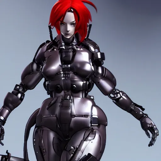 Prompt: yoji shinkawa render of redhead cyborg with curvy figure, glitches, concept art