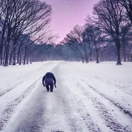 Image similar to a purple gorila, walking in snow, sunrise, wide photo, 4 k