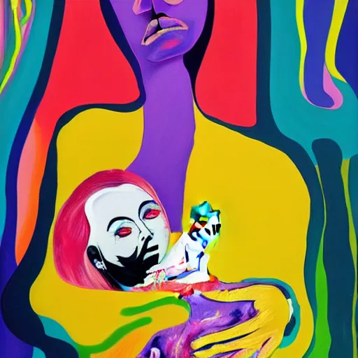 Image similar to woman holding a baby, an ultrafine detailed painting by peter max and francis bacon and fiona rae and hernan bas and anna mond, featured on deviantart, metaphysical painting, pop surrealism, melting paint, biomorphic, mixed media, photorealistic, dripping paint, palette knife texture, masterpiece