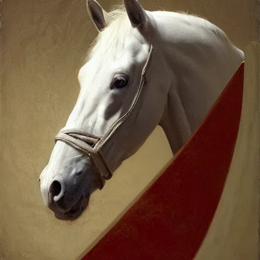 Image similar to an all white horse, with no facial features, like a white mask pulled over their face, full body laying in a blood red pool of water between a golden mirror frame, inspired by the bohemian grove sacrifice ritual and outside the mirror frame is a deep space, physically accurate, dynamic lighting, intricate, elegant, highly detailed, very very Roberto Ferri, sharp focus, very very unsettling, very terrifying, illustration, art