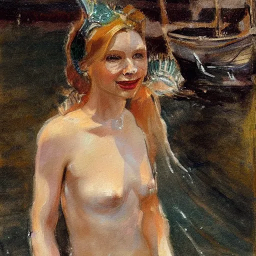 Image similar to a painting of Rachel Riley as a mermaid in the style of anders zorn