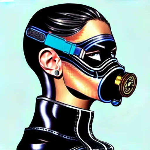 Prompt: a profile photo of a spy woman side profile with a diving oxygen mask with side profile blood in ocean intricate details by MARVEL comics and Sandra Chevrier-C