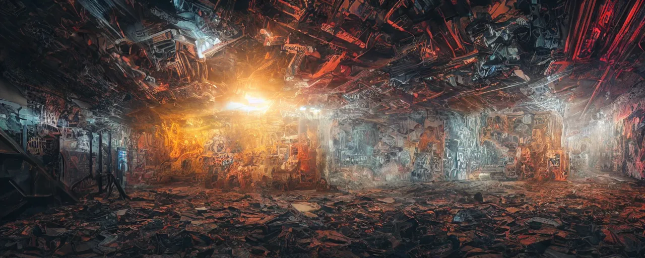 Image similar to an impressive ominous cinematic shot photo of a great big hypercube volumetric dynamic fluid simulation lighting light god rays impressive masterpiece hyper detailed intricate sharp focus 8 k realistic illustration canon eos r 3 fujifilm x - t 3 0 sony alpha, by james gurney, tooth wu, artgerm, colorful graffiti, trending on artstation, cgsociety.