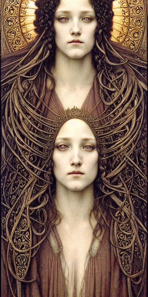 Image similar to detailed realistic beautiful young medieval queen face portrait by jean delville, gustave dore and marco mazzoni, art nouveau, symbolist, visionary, gothic, pre - raphaelite. horizontal symmetry