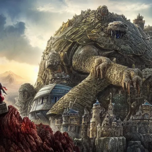 Image similar to large fantasy castle rising from the top of a giant tortoise, towering over a harsh barren wasteland, howls moving castle, mortal engines, kaiju, distant - mid - shot centered, fantasy, hyper detailed, 4 k