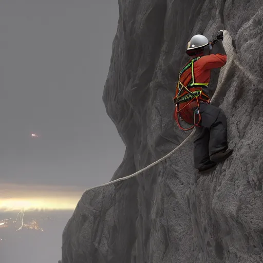 Prompt: rope access technician, extreme cold, cloudy weather, octane render, volumetric lightning, hyperrealistic, cgi, - q 2, 8 k